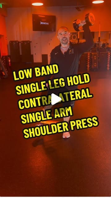 Low Band Single Leg Hold Contralateral Single Arm Shoulder Press